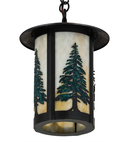 Meyda Lighting Fulton 10" Craftsman Brown Tall Pines Pendant Light With Green & Beige Art Shade Glass