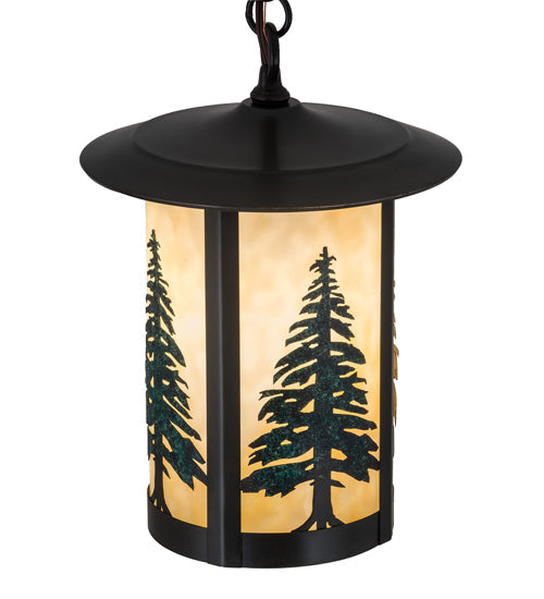 Meyda Lighting Fulton 10" Craftsman Brown Tall Pines Pendant Light With Green & Beige Art Shade Glass