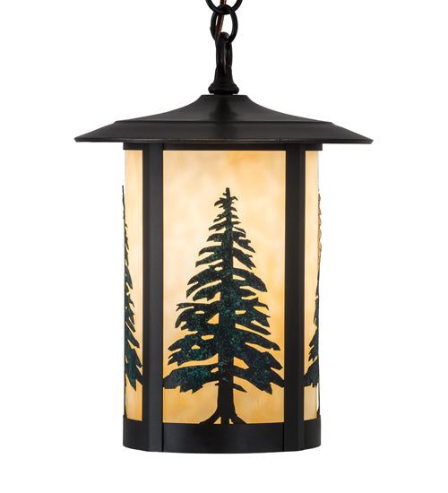 Meyda Lighting Fulton 10" Craftsman Brown Tall Pines Pendant Light With Green & Beige Art Shade Glass