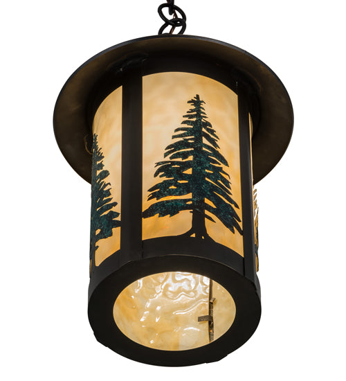 Meyda Lighting Fulton 10" Craftsman Brown Tall Pines Pendant Light With Green & Beige Art Shade Glass