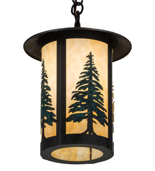 Meyda Lighting Fulton 10" Craftsman Brown Tall Pines Pendant Light With Green & Beige Art Shade Glass