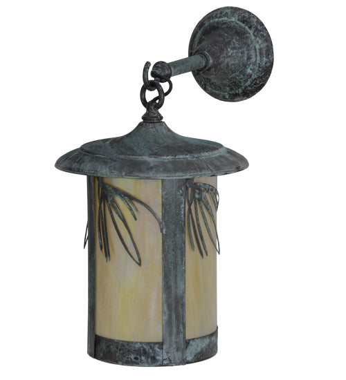 Meyda Lighting Fulton 10" Verdigris Lone Pine Hanging Wall Sconce With Beige Iridescent Shade Glass