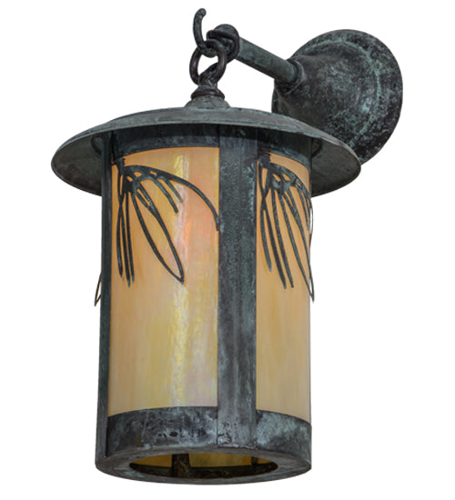 Meyda Lighting Fulton 10" Verdigris Lone Pine Hanging Wall Sconce With Beige Iridescent Shade Glass