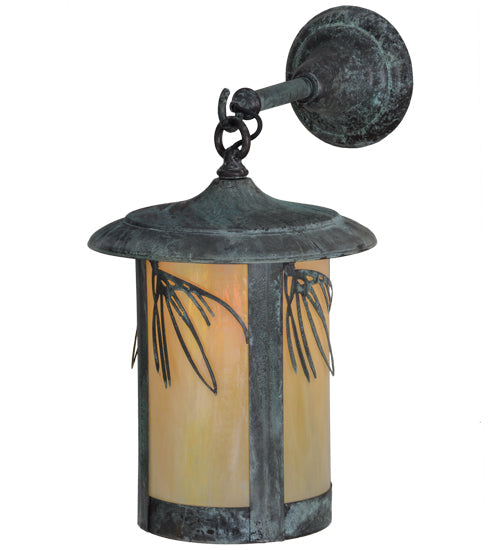 Meyda Lighting Fulton 10" Verdigris Lone Pine Hanging Wall Sconce With Beige Iridescent Shade Glass