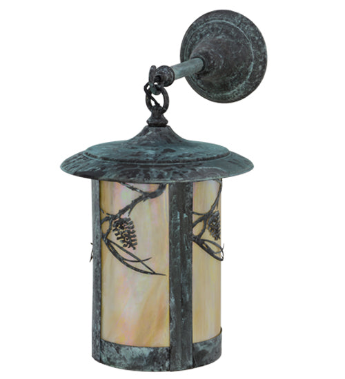 Meyda Lighting Fulton 10" Verdigris Whispering Pines Hanging Wall Sconce With Beige Iridescent Shade Glass