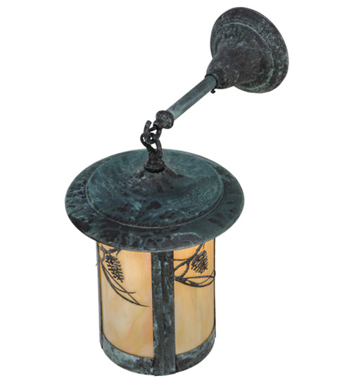 Meyda Lighting Fulton 10" Verdigris Whispering Pines Hanging Wall Sconce With Beige Iridescent Shade Glass