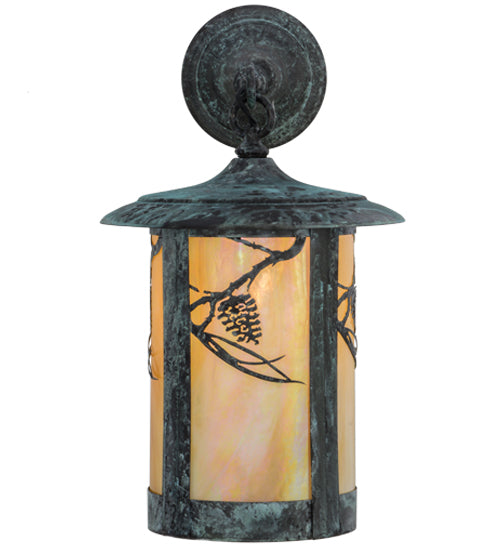 Meyda Lighting Fulton 10" Verdigris Whispering Pines Hanging Wall Sconce With Beige Iridescent Shade Glass