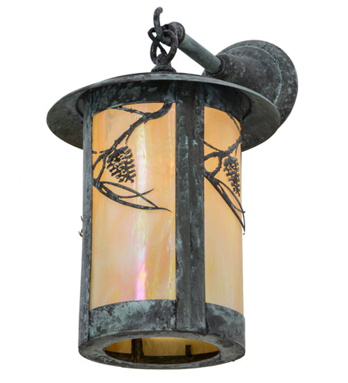 Meyda Lighting Fulton 10" Verdigris Whispering Pines Hanging Wall Sconce With Beige Iridescent Shade Glass