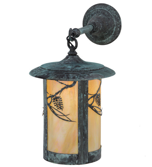 Meyda Lighting Fulton 10" Verdigris Whispering Pines Hanging Wall Sconce With Beige Iridescent Shade Glass