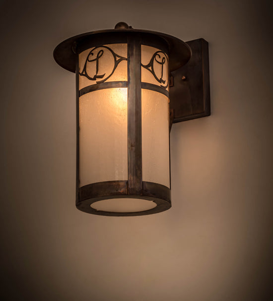Meyda Lighting Fulton 10" Vintage Copper Personalized Monogram Solid Mount Wall Sconce With Clear Frosted Seeded Shade Glass