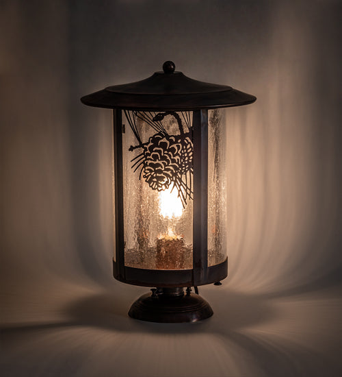 Meyda Lighting Fulton 10" Vintage Copper Winter Pine Outdoor Pier Mount Light With Clear Seeded Shade Glass