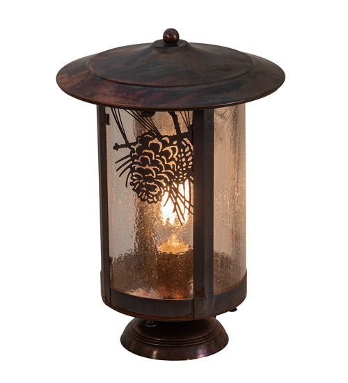 Meyda Lighting Fulton 10" Vintage Copper Winter Pine Outdoor Pier Mount Light With Clear Seeded Shade Glass