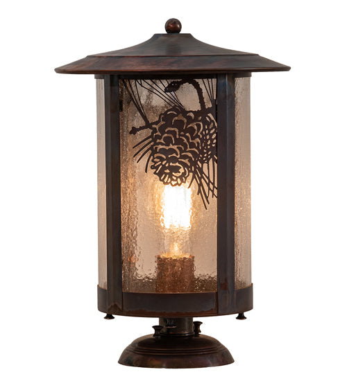 Meyda Lighting Fulton 10" Vintage Copper Winter Pine Outdoor Pier Mount Light With Clear Seeded Shade Glass