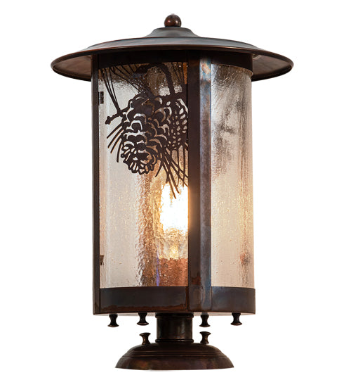 Meyda Lighting Fulton 10" Vintage Copper Winter Pine Outdoor Pier Mount Light With Clear Seeded Shade Glass