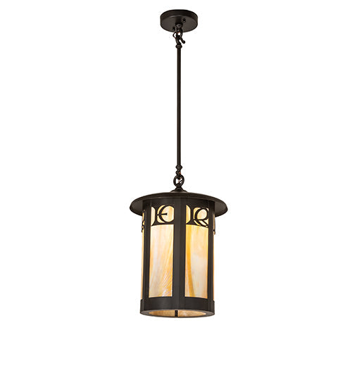 Meyda Lighting Fulton 12" Craftsman Brown On Brass Personalized Monogram Pendant Light With Beige Art Shade Glass