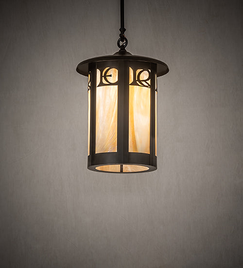 Meyda Lighting Fulton 12" Craftsman Brown On Brass Personalized Monogram Pendant Light With Beige Art Shade Glass