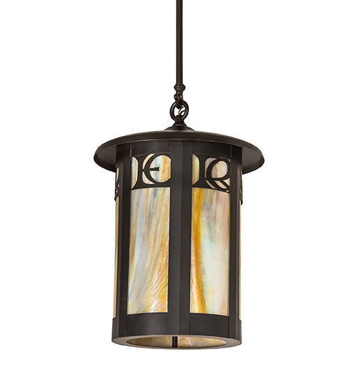 Meyda Lighting Fulton 12" Craftsman Brown On Brass Personalized Monogram Pendant Light With Beige Art Shade Glass