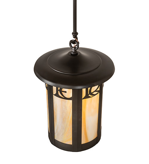 Meyda Lighting Fulton 12" Craftsman Brown On Brass Personalized Monogram Pendant Light With Beige Art Shade Glass