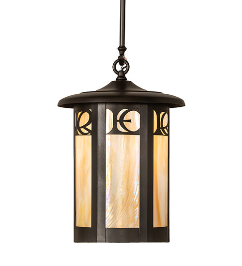Meyda Lighting Fulton 12" Craftsman Brown On Brass Personalized Monogram Pendant Light With Beige Art Shade Glass