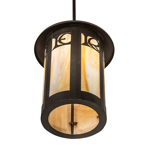 Meyda Lighting Fulton 12" Craftsman Brown On Brass Personalized Monogram Pendant Light With Beige Art Shade Glass