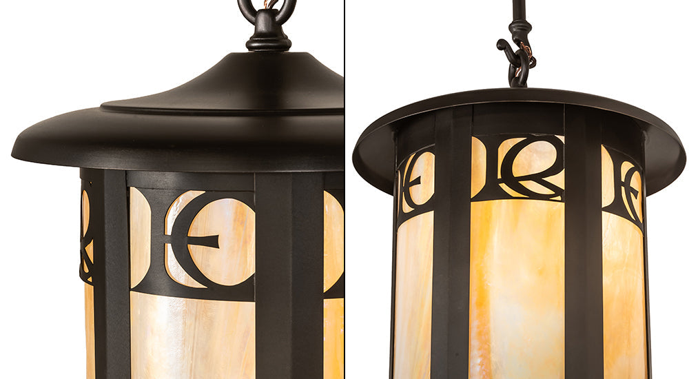 Meyda Lighting Fulton 12" Craftsman Brown On Brass Personalized Monogram Pendant Light With Beige Art Shade Glass