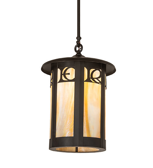 Meyda Lighting Fulton 12" Craftsman Brown On Brass Personalized Monogram Pendant Light With Beige Art Shade Glass