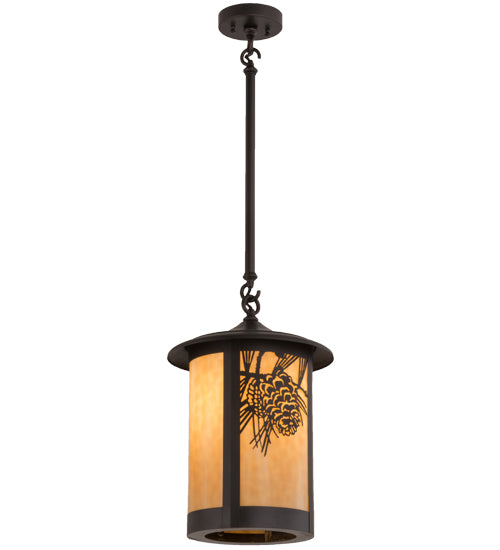 Meyda Lighting Fulton 12" Craftsman Brown Winter Pine Pendant Light With Beige Art Shade Glass