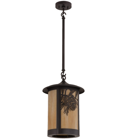 Meyda Lighting Fulton 12" Craftsman Brown Winter Pine Pendant Light With Beige Art Shade Glass