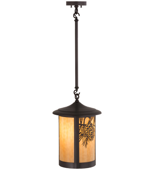Meyda Lighting Fulton 12" Craftsman Brown Winter Pine Pendant Light With Beige Art Shade Glass