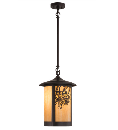 Meyda Lighting Fulton 12" Craftsman Brown Winter Pine Pendant Light With Beige Art Shade Glass