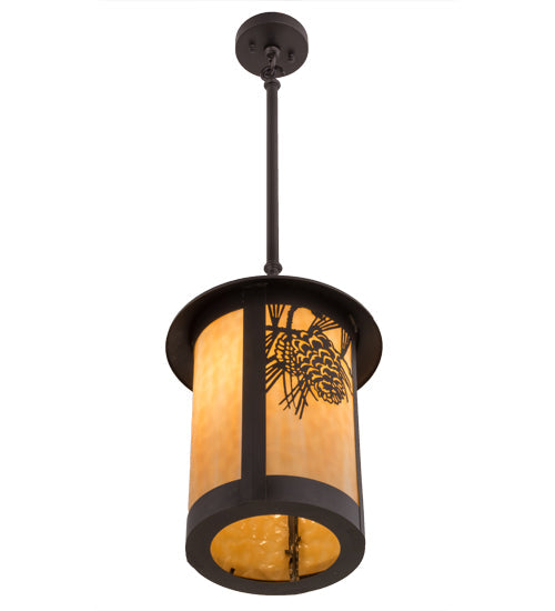 Meyda Lighting Fulton 12" Craftsman Brown Winter Pine Pendant Light With Beige Art Shade Glass