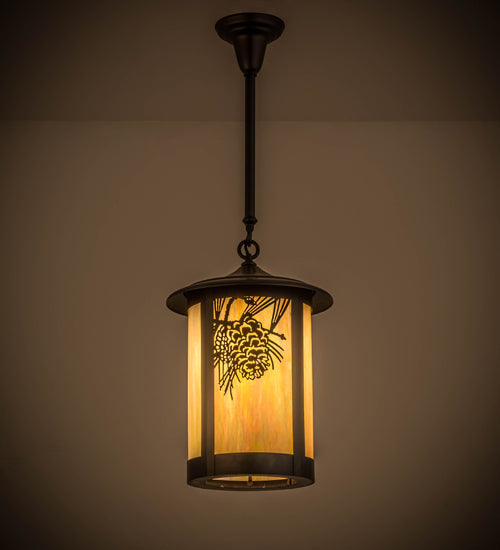 Meyda Lighting Fulton 12" Craftsman Brown Winter Pine Pendant Light With Beige Iridescent Shade Glass