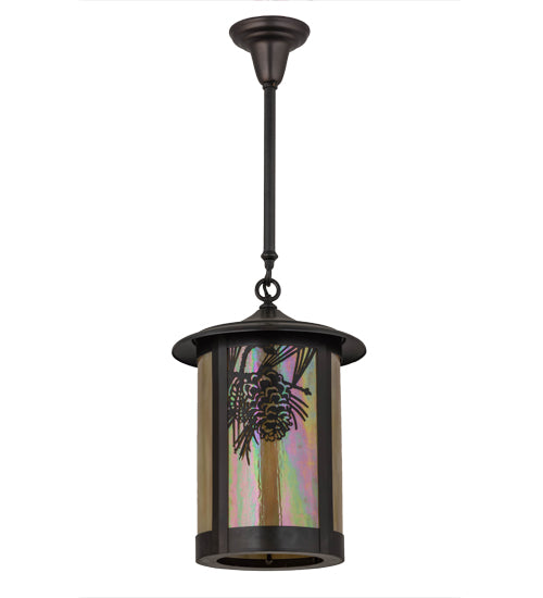 Meyda Lighting Fulton 12" Craftsman Brown Winter Pine Pendant Light With Beige Iridescent Shade Glass