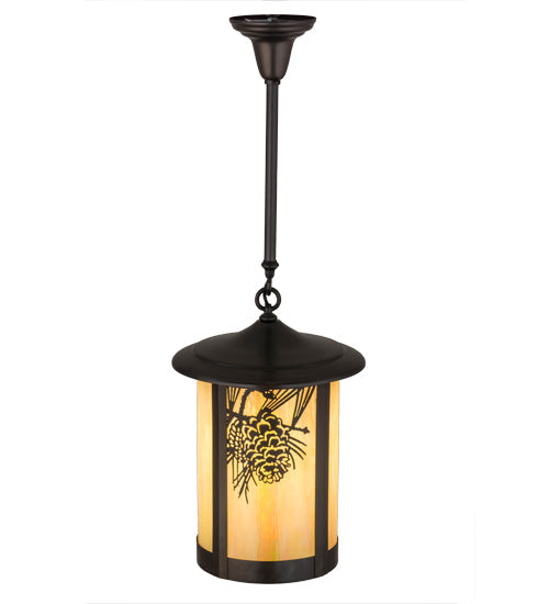 Meyda Lighting Fulton 12" Craftsman Brown Winter Pine Pendant Light With Beige Iridescent Shade Glass
