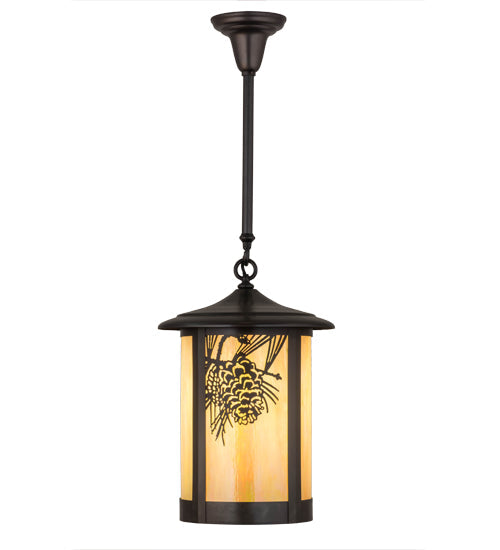 Meyda Lighting Fulton 12" Craftsman Brown Winter Pine Pendant Light With Beige Iridescent Shade Glass