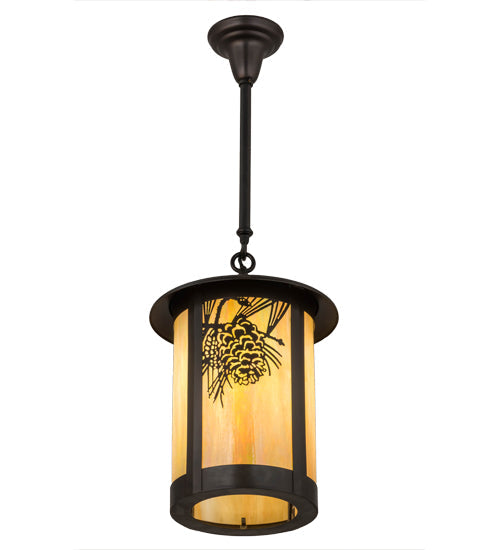 Meyda Lighting Fulton 12" Craftsman Brown Winter Pine Pendant Light With Beige Iridescent Shade Glass