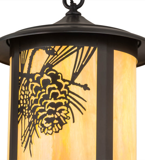 Meyda Lighting Fulton 12" Craftsman Brown Winter Pine Pendant Light With Beige Iridescent Shade Glass