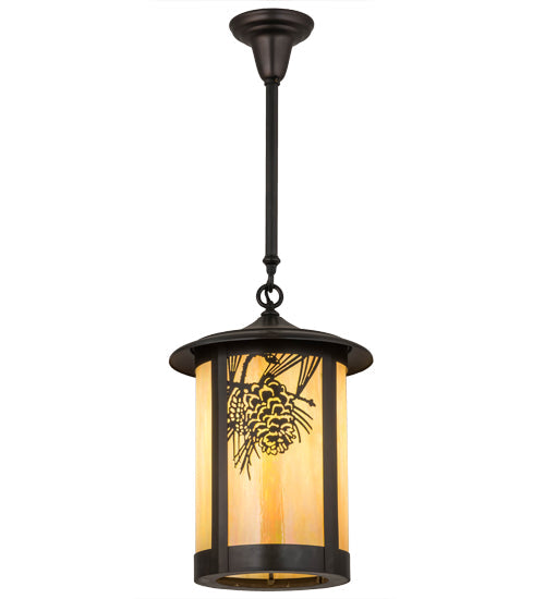 Meyda Lighting Fulton 12" Craftsman Brown Winter Pine Pendant Light With Beige Iridescent Shade Glass