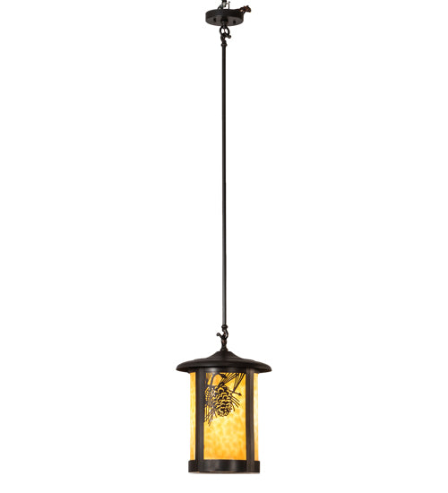 Meyda Lighting Fulton 12" Craftsman Brown Winter Pine Pendant Light With Beige Shade Glass