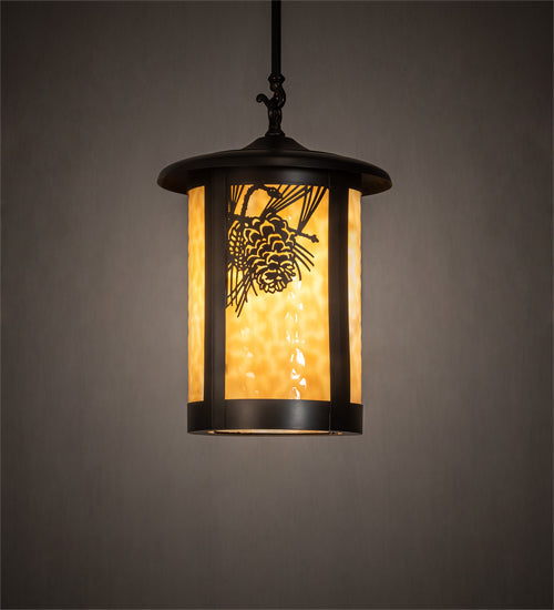 Meyda Lighting Fulton 12" Craftsman Brown Winter Pine Pendant Light With Beige Shade Glass