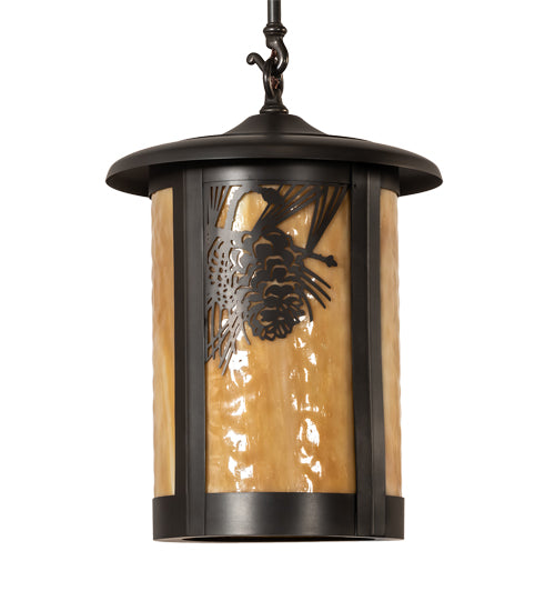 Meyda Lighting Fulton 12" Craftsman Brown Winter Pine Pendant Light With Beige Shade Glass