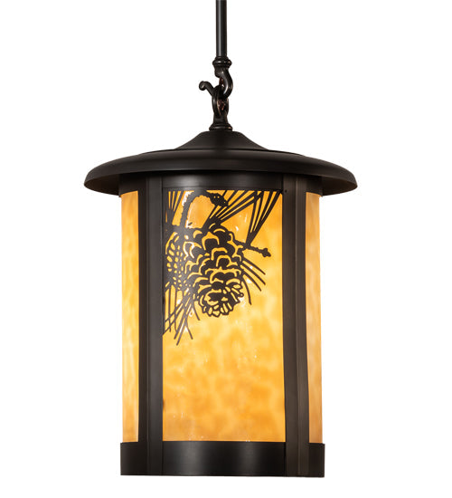 Meyda Lighting Fulton 12" Craftsman Brown Winter Pine Pendant Light With Beige Shade Glass