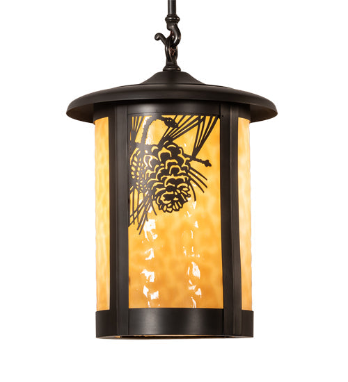 Meyda Lighting Fulton 12" Craftsman Brown Winter Pine Pendant Light With Beige Shade Glass