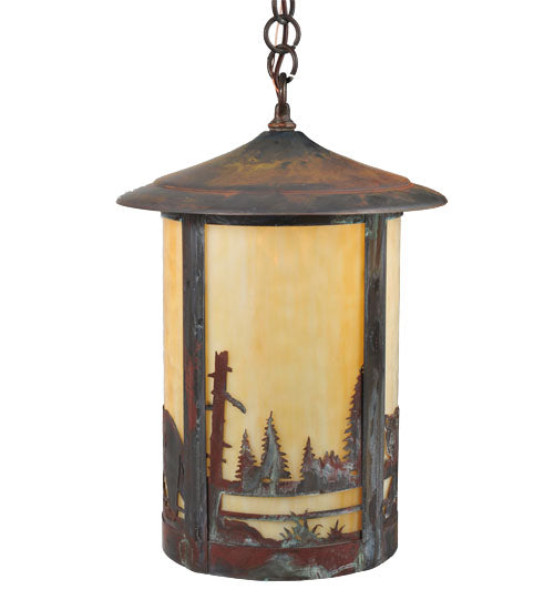 Meyda Lighting Fulton 12" Vintage Copper Bear Creek Pendant Light With Beige Art Shade
