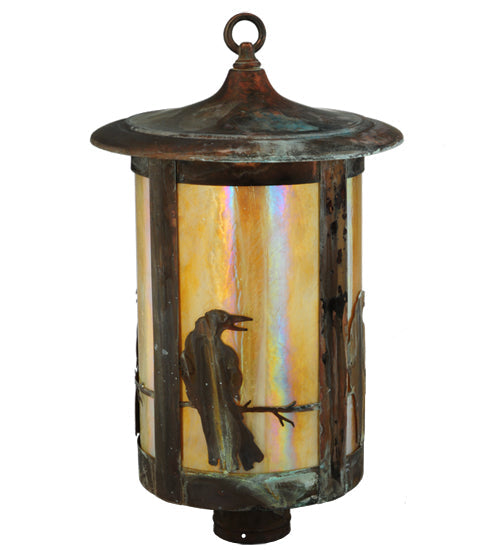 Meyda Lighting Fulton 12" Vintage Copper Crow Post Mount Light With Beige Iridescent Art Shade Glass