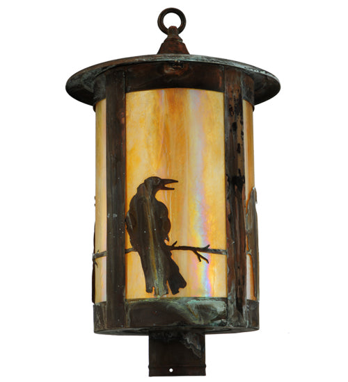 Meyda Lighting Fulton 12" Vintage Copper Crow Post Mount Light With Beige Iridescent Art Shade Glass
