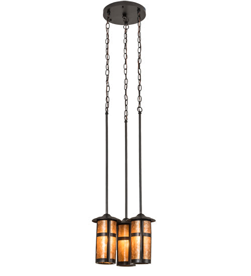 Meyda Lighting Fulton 14" 3-Light Craftsman Brown Prime Cascading Pendant Light With Amber Mica Shade Glass