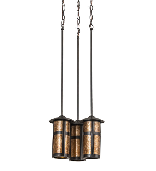 Meyda Lighting Fulton 14" 3-Light Craftsman Brown Prime Cascading Pendant Light With Amber Mica Shade Glass