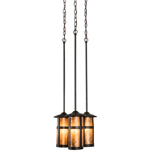 Meyda Lighting Fulton 14" 3-Light Craftsman Brown Prime Cascading Pendant Light With Amber Mica Shade Glass
