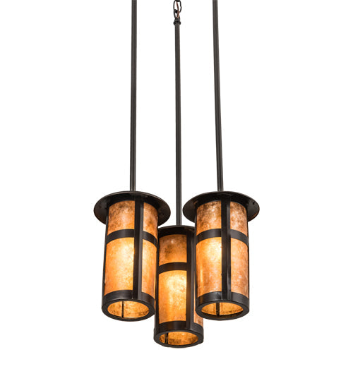 Meyda Lighting Fulton 14" 3-Light Craftsman Brown Prime Cascading Pendant Light With Amber Mica Shade Glass